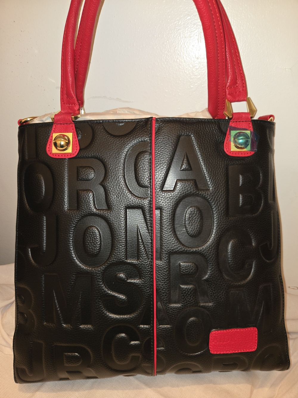 New Black Leather Letter-Embossed Tote Bag with Red Trim and Handles